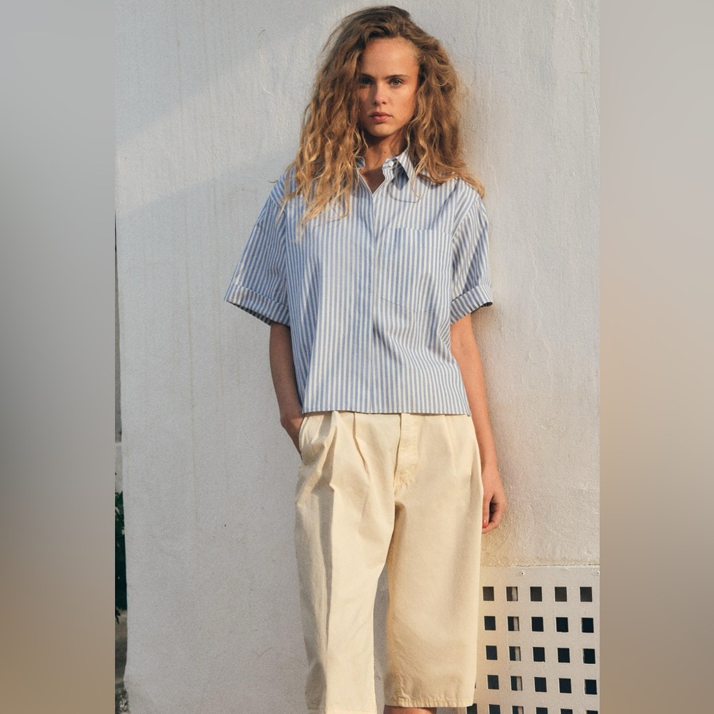 NWT. Zara blue striped poplin shirt with collar. XL.